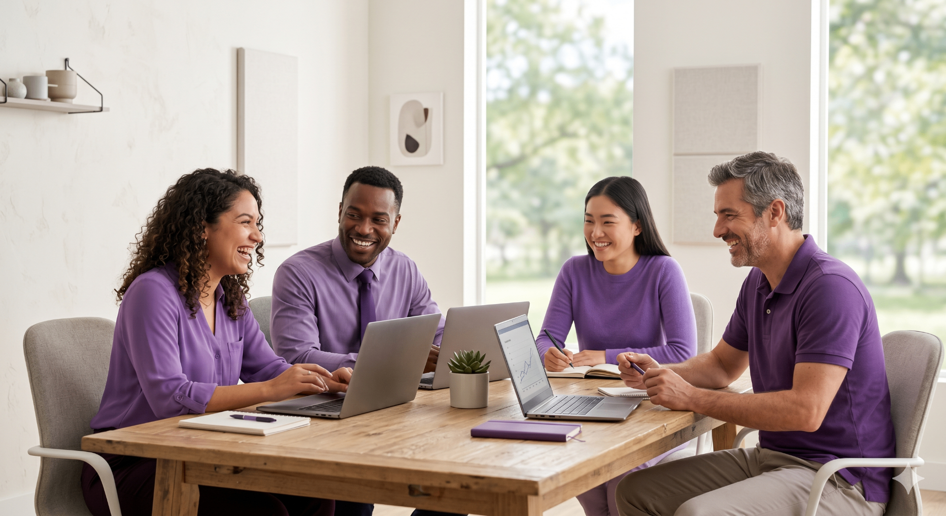 Equipe colaborativa sorrindo durante reunião de trabalho